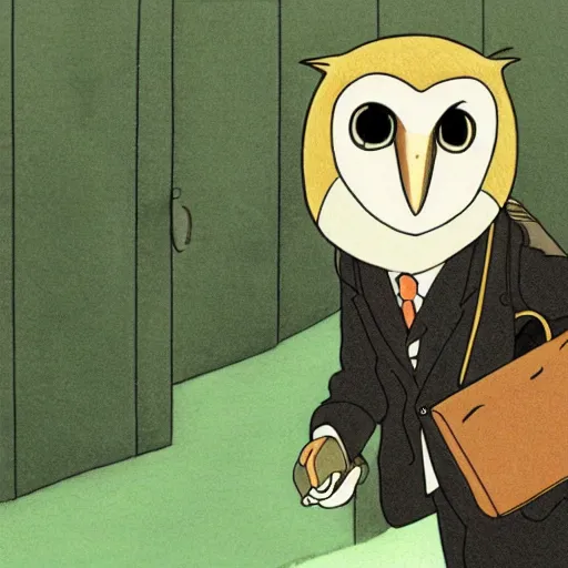 Image similar to barn owl in a black suit wearing an office bag going to the office,drawn by Hayao Miyazaki and Beatrix Potter, highly detailed,anime, anime shot,anime colours, inspired by My Neighbor Totoro 1988,cell shading