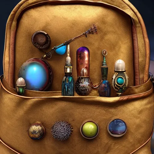 Image similar to universe inside ampoules and alambics in a surreal ancient doctor's bag, intricated detailed, soft painting, depth of field, trending on artstation, 8k, hd, highly detailed, unreal engine 5, artstation, shaders, rays