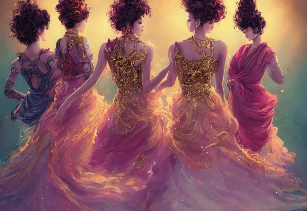 Image similar to full body portrait of a trio of 1 9 years old girl figures, curly messy high bun hairstyle, oriental tattoos, subject wearing a gold and ruby high fashion gown, colorful, flowing, ornate, beautiful, cinematic lighting, highly detailed, digital painting,, dramatic earth colors, with few vivid purple highlights, by ross tran and wlop, artstation, pixiv