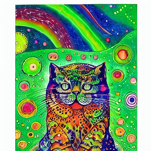 Image similar to a green cat surrounded by galaxies, watercolor by Louis William Wain,