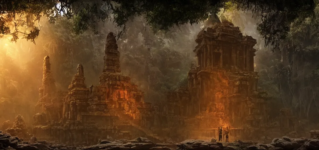 Image similar to ancient temple of doom in the exotic jungle , Dynamic lighting, cinematic, establishing shot, extremely high detail, photo realistic, cinematic lighting, , post processed denoised, concept design, concept art, artstation, matte painting, midjourney, style by alex ross, raphael lacoste, eddie mendoza