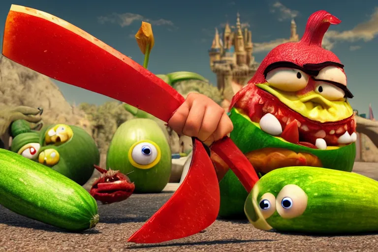 Image similar to detailed 3 d render of an angry furious zucchini with a bloody sword in his hand, running down the road chasing after a group of scared tomatoes, hyper realistic octane render, dramatic lighting, high speed chase, nightmare, surrealism, pixar, disney, cartoon
