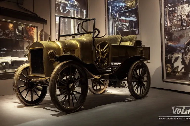 Image similar to cyberpunk 1 9 0 8 model ford t, volumetric lighting, in a museum, museum exhibit, museum lighting, 9 0 s film photo