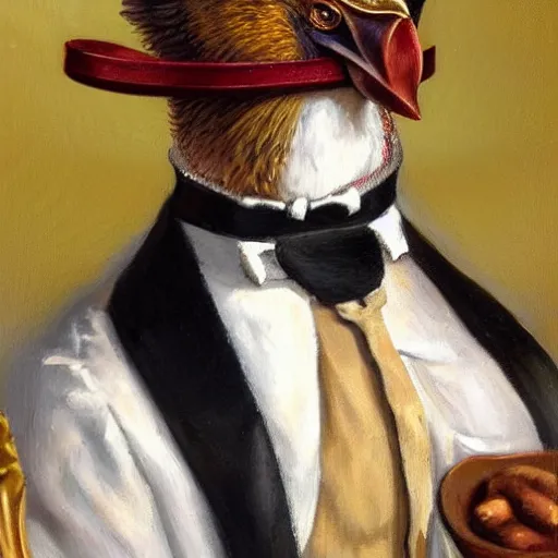 Image similar to a chicken butler with a fancy mustache and a monocle, highly detail, oil painting , accurate anatomy,