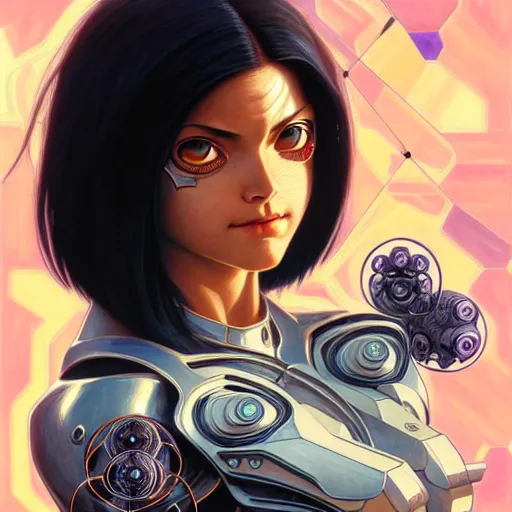 Image similar to Character Portrait of Battle Angel Alita surrounded by geometric nodes, face, fantasy, intricate, elegant, highly detailed, digital painting, artstation, concept art, smooth, sharp focus, illustration, art by Greg Manchess and Fernanda Suarez and Artem Demura and alphonse mucha