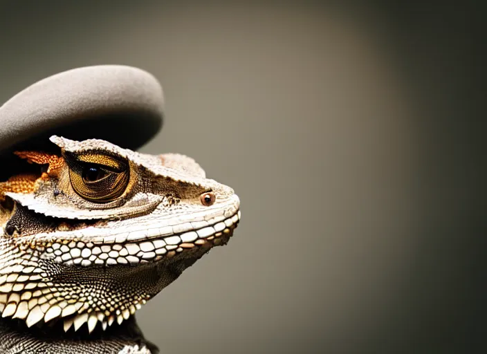 Image similar to dslr portrait still of a bearded dragon wearing a tophat, 8 k 8 5 mm f 1. 4