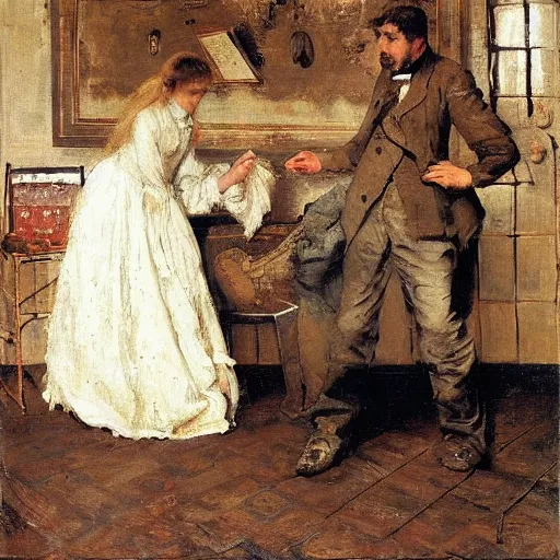 Image similar to a man and a woman solving an escape room puzzle alfred stevens