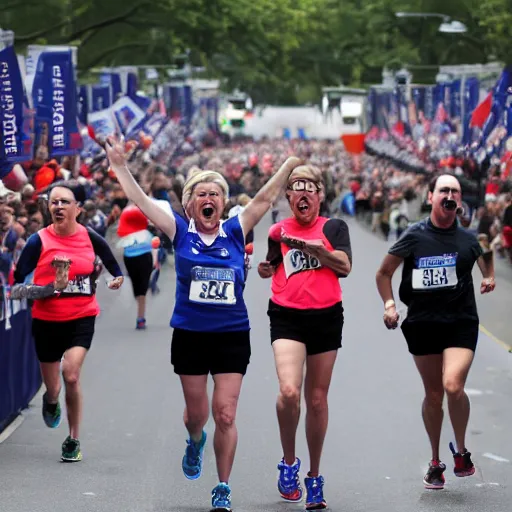 Prompt: hillary clinton running marathon screaming shouting hands in air