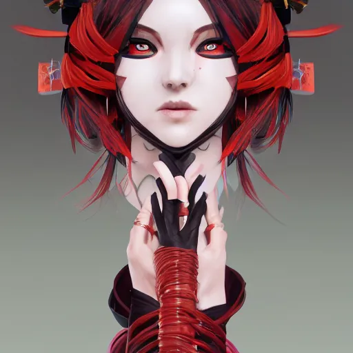 Image similar to geisha ninja girl anime, hyper detailed, digital art, trending in artstation, cinematic lighting, redhead, studio quality, smooth render, fluorescent skin, unreal engine 5 rendered, octane rendered, art style by klimt and nixeu and ian sprigger and wlop and krenz cushart