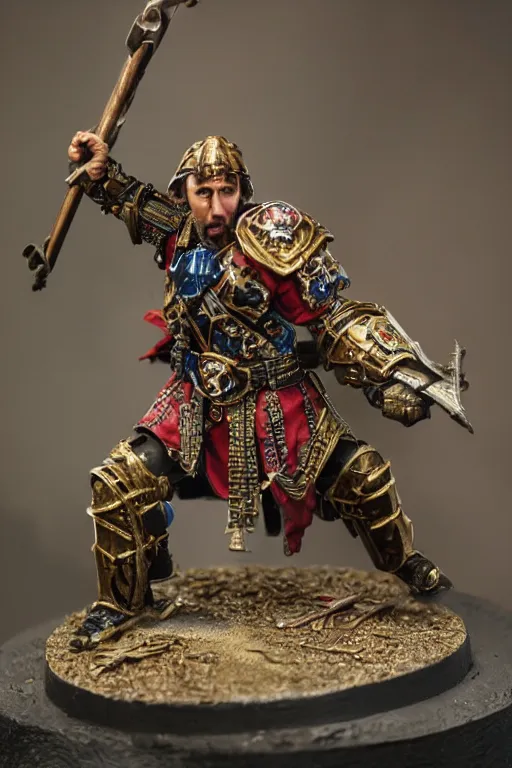 Image similar to Nicholas Cage as a detailed painted Games Workshop miniature, studio lighting