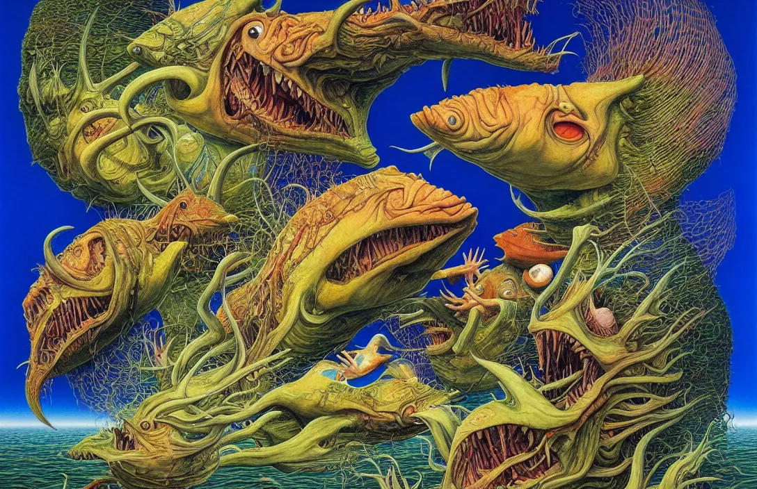 Image similar to a visionary painting of fish eating human beings by junji ito, michael whelan, roger dean, bob eggleton, lisa frank, vladimir kush, kubrick, james gurney, giger