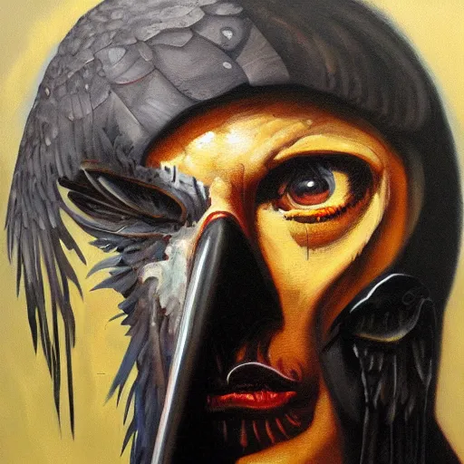 Image similar to detailed oil painting dark shaman wearing Raven mask by Phil hale