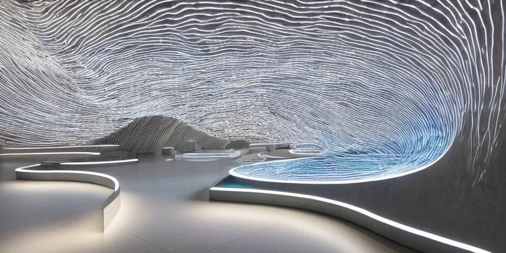 Prompt: detailed stunning futuristic curvilinear museum interior with water led strips