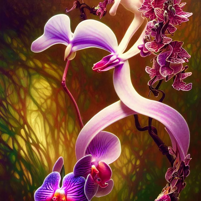 Image similar to psychedelic orchid animal, diffuse lighting, fantasy, intricate, elegant, highly detailed, lifelike, photorealistic, digital painting, artstation, illustration, concept art, smooth, sharp focus, art by John Collier and Albert Aublet and Krenz Cushart and Artem Demura and Alphonse Mucha