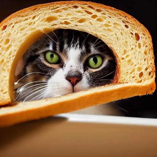 Image similar to a cute cat sticking its face through a slice of bread