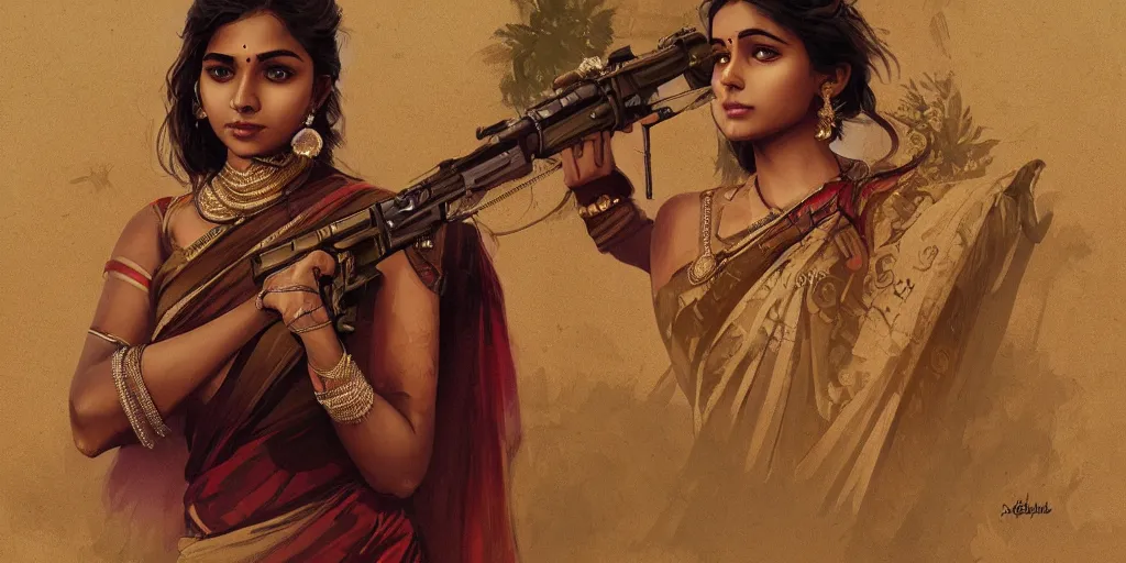 Prompt: sri lankan girl in a saree with a gun, intricate, elegant, highly detailed, digital painting, artstation, concept art, smooth, sharp focus, illustration, art by artgerm and greg rutkowski and alphonse mucha