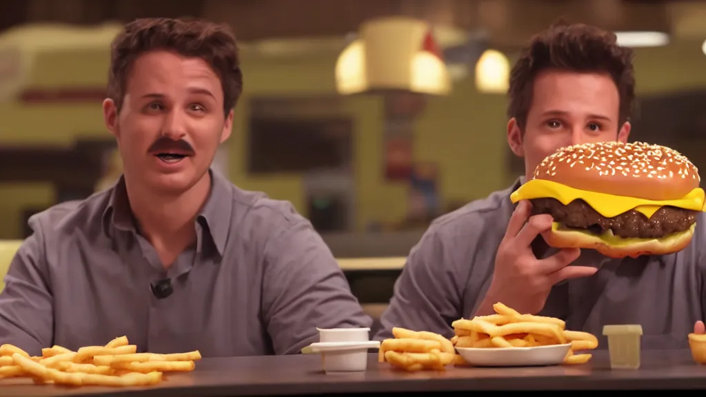 Image similar to the strange creature eats a cheeseburger, at the fast food restaurant, television commercial, studio lighting, extremely professional