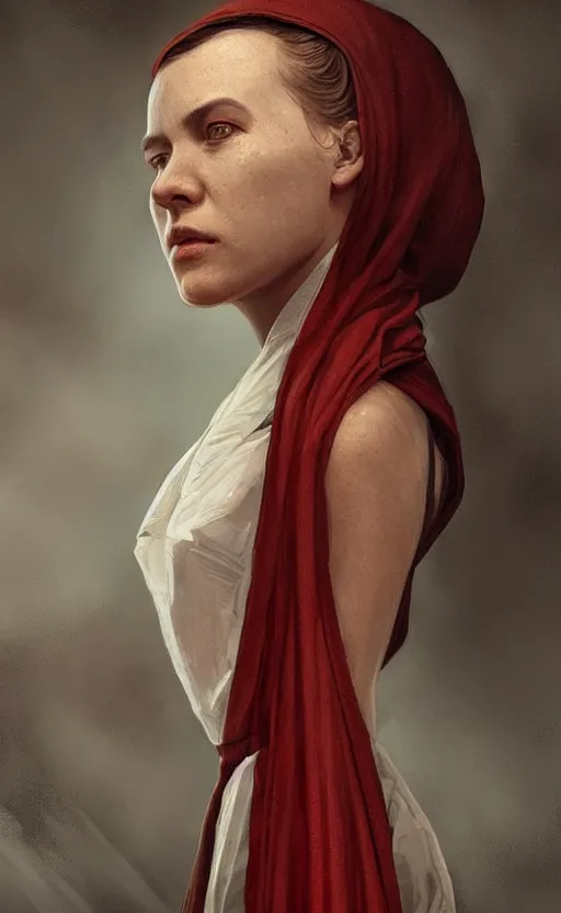 Image similar to portrait of a dystopian woman wearing an outfit inspired by the handmaid ’ s tale ( 2 0 1 7 ), intricate, headshot, highly detailed, digital painting, artstation, concept art, sharp focus, cinematic lighting, digital painting, art by artgerm and greg rutkowski, alphonse mucha, cgsociety