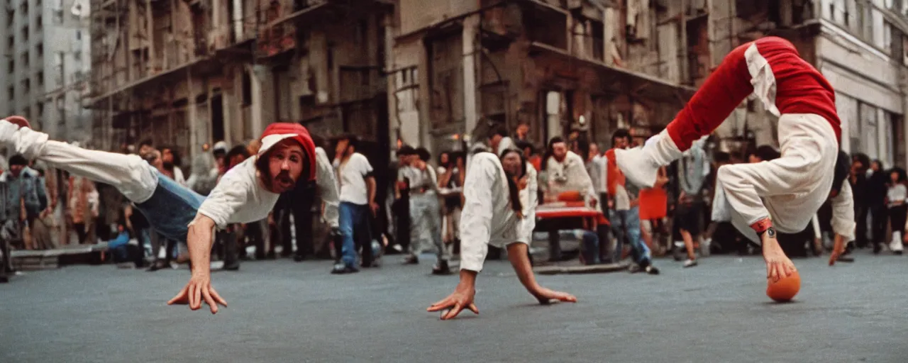 Image similar to !!! spaghetti, 1 9 8 0's breakdancing, nyc, canon 2 0 mm, wes anderson, kodachrome