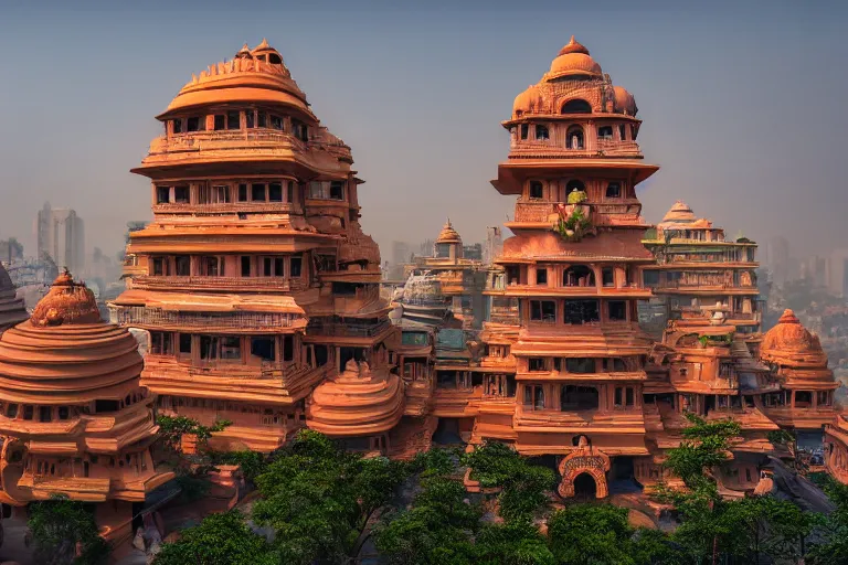 Image similar to high quality dreamscape! biomorphic new delhi, hanuman!! head building, kalighat, octane highly detailed, cinematic smooth, stephen shore & john j. park, soft morning light, wide shot, high angle, uhd 8 k, deep focus