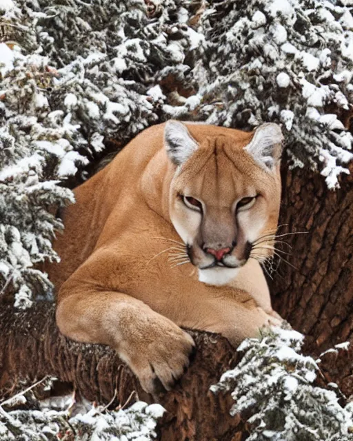 Image similar to postcard showing 'a cougar sleeping in the middle of snowy pine tree' laying on coffee table, zoomed out, HD, iphone screenshot