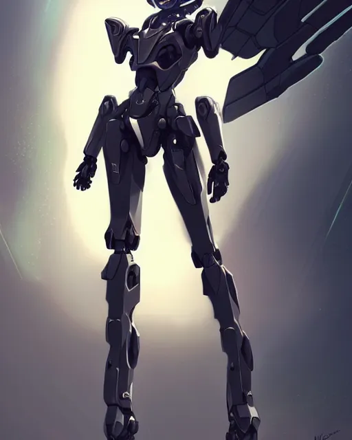 Image similar to uncropped stealthy feminine mecha ( with futuristic jet armor and wings ) with a heart visor helmet, symphogear, full body character portrait, hi - tech, trending on artstation, goth armor, digital painting, concept art, sharp focus, illustration, art by wlop and greg rutkowski