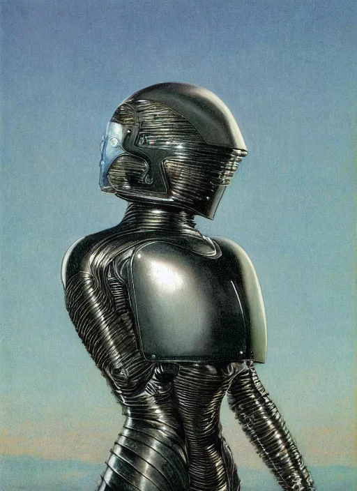 Image similar to full body portrait of beautiful gothic and futuristic fashion model, elegant smooth space armour, cyber armour, scifi helmet, highly detailed, artstation, illustration, composition, 8 k quality, art by jean delville, rene magritte, hyperrealism oil painting