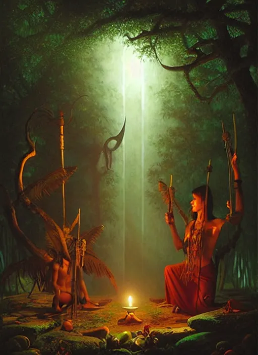 Image similar to a shamanic ceremony in the jungle by night with a shaman invoking spirits, matte painting, art by christophe vacher