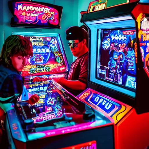 Prompt: A busy arcade in the 80's, power glove, nintendo, 80s pop culture,, perfect face, intricate, Sony a7R IV, symmetric balance, polarizing filter, Photolab, Lightroom, 4K, Dolby Vision, Photography Award