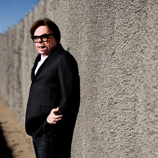 Prompt: Mike Myers (Actor/Comedian) gazing at the US-Mexican Wall, XF IQ4, f/1.4, ISO 200, 1/160s, 8K, RAW, unedited, symmetrical balance, in-frame