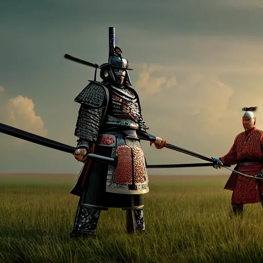 Prompt: giant samurai standing in a field opposite a small soldier, detailed digital artwork, symmetrical, highly detailed, highly accurate, deep aesthetic, 8 k, highly ornate intricate details, cinematic lighting, rich colors, ray tracing, hyperrealistic, photorealistic, cinematic landscape, trending on artstation,