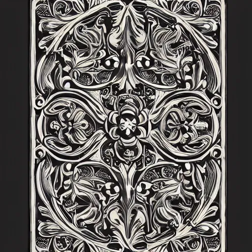 Prompt: beautiful symmetrical decorative ornament with classical floral elements emanating from center of design, woodcutting template, decorative design, classical ornament, motif, bilateral symmetry, roses, leaves, flowers, highly detailed etching