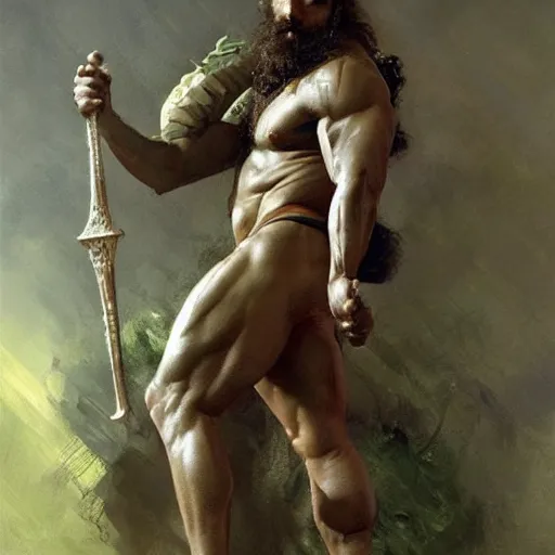 Prompt: young warrior marching toward the viewer, male, muscular, green eyes!!!!, straight nose!!!!!, beard, detailed face, thighs!!!!! gorgeous, amazing, muscular, intricate, highly detailed, painting by Gaston Bussiere, Craig Mullins