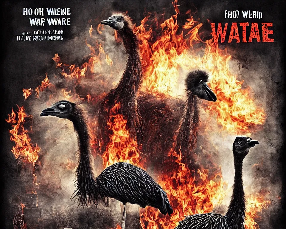 Prompt: a horror movie poster with an ostrich and a burning house with the words beware of the ostrich