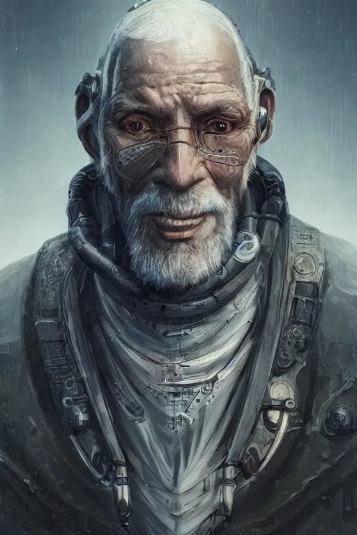 Image similar to ultrarealistic illustration old man cyborg, cyberpunk, sci - fi fantasy, intricate, elegant, highly detailed, digital painting, artstation, concept art