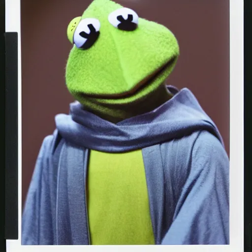 Prompt: Kermit the frog dressed as a Obi Wan, polaroid photo, instax, white frame, by Warhol,