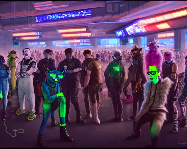 Image similar to high - resolution photograph from a cyberpunk era furry fandom convention ( midwest furfest 2 0 4 7 ), taking place after the genetic revolution and singularity. photorealistic.