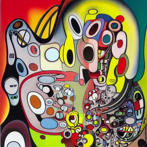 Image similar to Oil painting by Roberto Matta. Strange mechanical beings kissing. Portrait by Takashi Murakami.