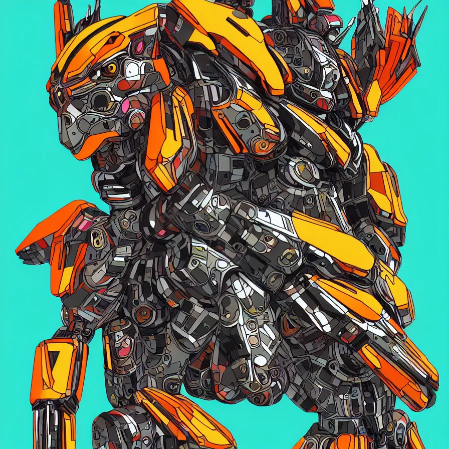 Prompt: a hypermaximalist overdetailed antropomorphic humanoid mecha or android with a hed of a lynx, tiger, or lion. lowbrow color palette. artwork by subjekt zero