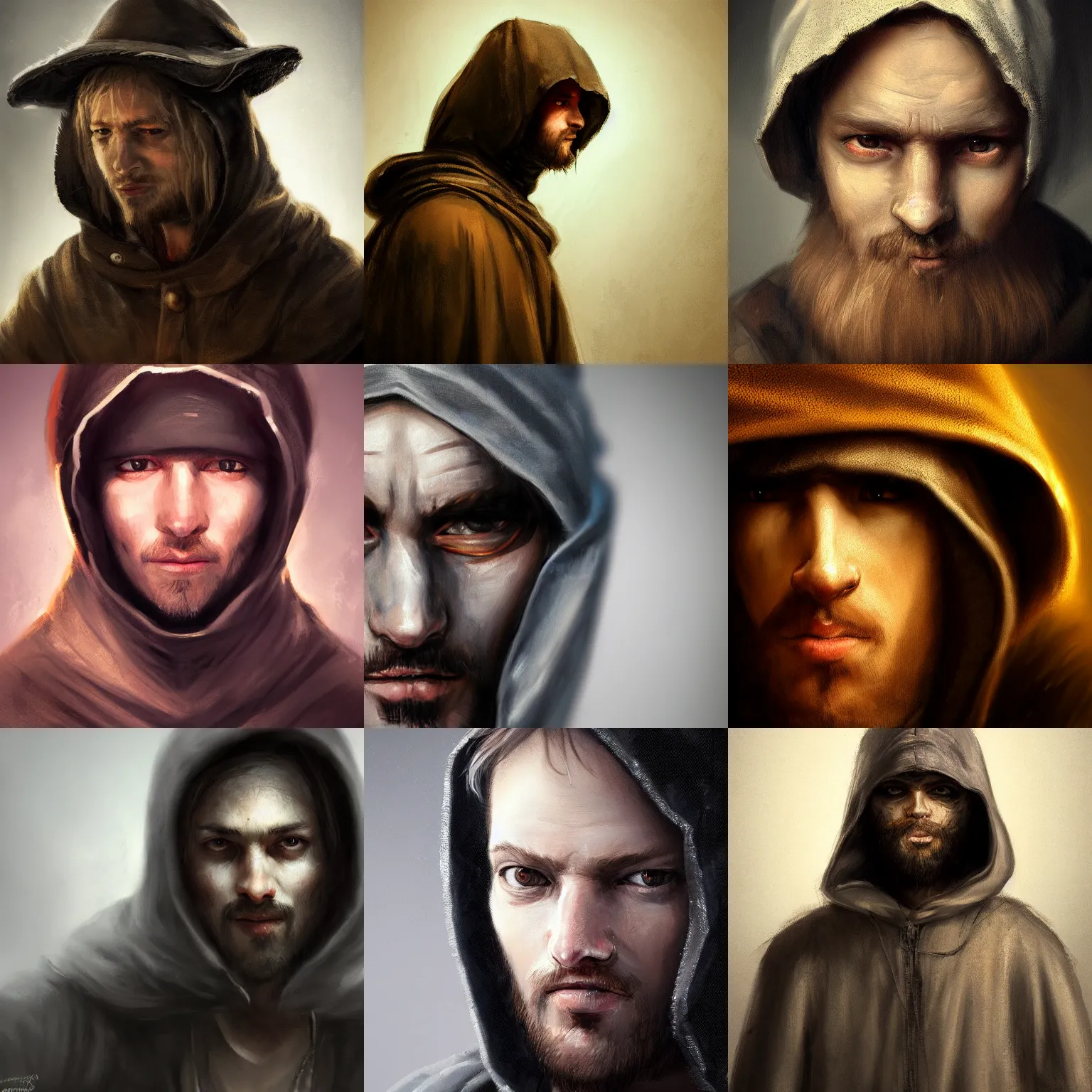 Prompt: detailing character concept close up portrait painting of Hooded bandit with a thin smile , male, dark fantasy, art station, trending, editor’s pickup, delicate detailing by Rembrandt, 3/4 view, cinematic lighting, simple background