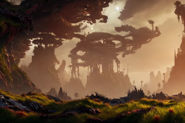 Image similar to wide epic shot from horizon forbidden west. a hyper detailed organic mechanic creatuve realistic similar look as horizon forbidden west horizon zero dawn, bioluminiscence in a dark deep forest at dawn in spring, with reflection and textures, by kilian eng, substance painter reaslitic mech surface metal painted scratches, world env from horizon forbidden west horizon zero dawn