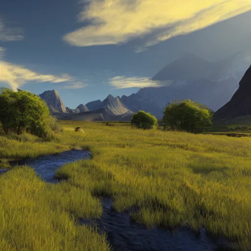 Image similar to beautiful rolling pastureland with a stream running through , with black Angus cattle in the far distance below epic mountains and sky, volumetric light, cinematic, extreme detail, epic, Unreal 5, Artstation trending, hyper-maximalist, CG society, 8K