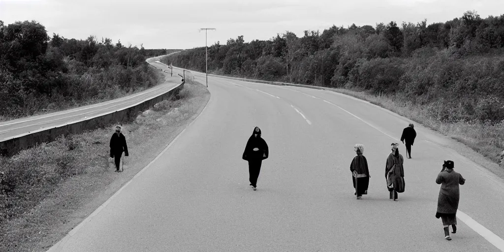 Image similar to People strolling along the highway, Martin Handford style.