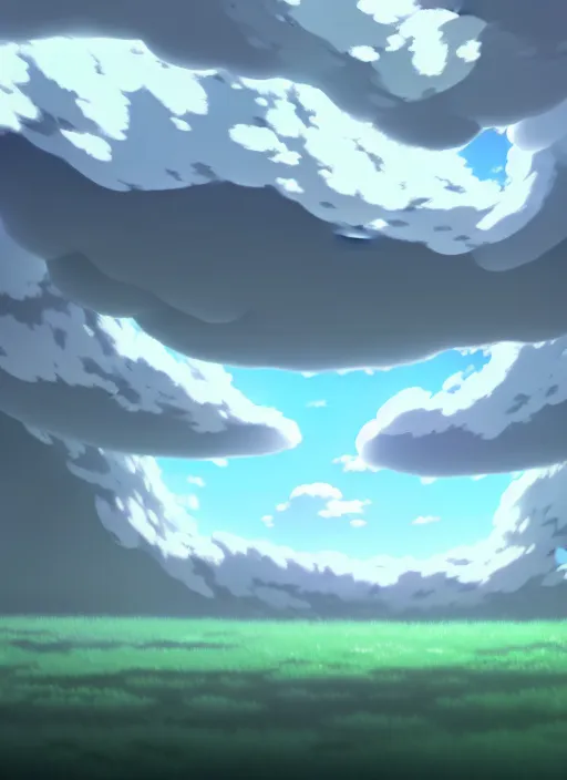 Image similar to an asymmetrical cell - shaded studio ghibli concept art study of a grey cube inside a forcefield in the sky. wide shot, very dull colors, hd, 4 k, hq