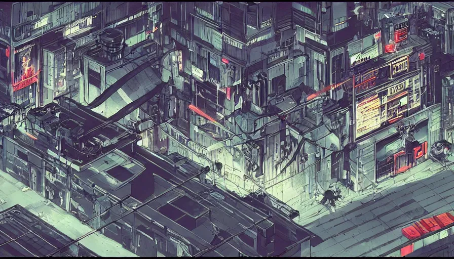 Prompt: Concept Art Illustration of neo-Tokyo Maximum Security Bank, in the Style of Akira, Syndicate Corporation, Anime, Dystopian, Highly Detailed, Helipad, Special Forces Security, Blockchain Vault, Searchlights, Shipping Docks, Inspired by MGS2 + Ghost in the shell SAC + Cowboy Bebop :2 by Katsuhiro Otomo : 8