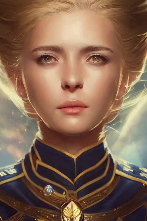 Image similar to beautiful portrait of a female officer wearing a fancy naval uniform, art by wlop and artgerm, science fiction, intricate detail, blonde hair, space background, trending on artstation, sharp focus, illustration, caustics, octane render, radiant light, 4 k