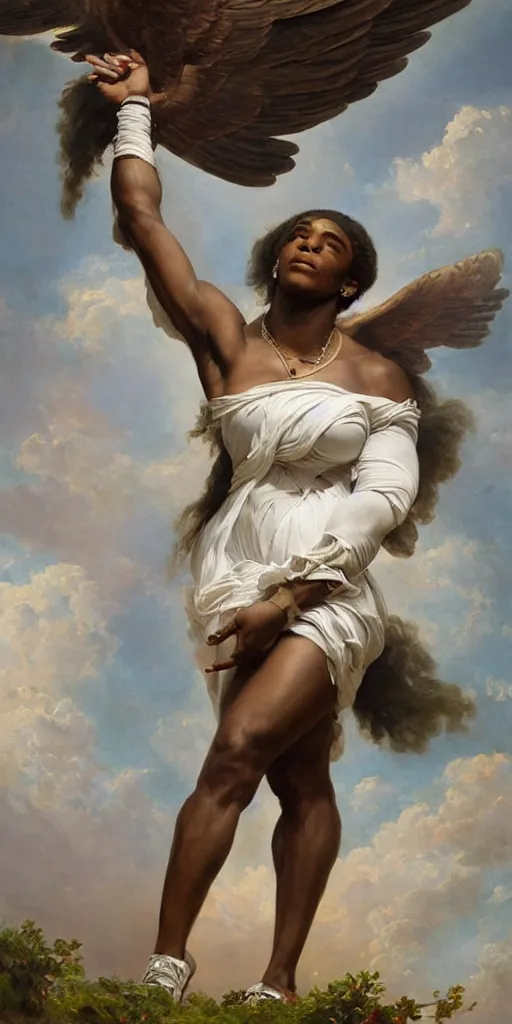 Image similar to Portrait of Serena Williams as Nike Goddess, large wings, luxuriant, dreamy, eternity, romantic, strong pose, highly detailed, in the style of Franz Xaver Winterhalter, highly detailed, in the style of Aetherpunk