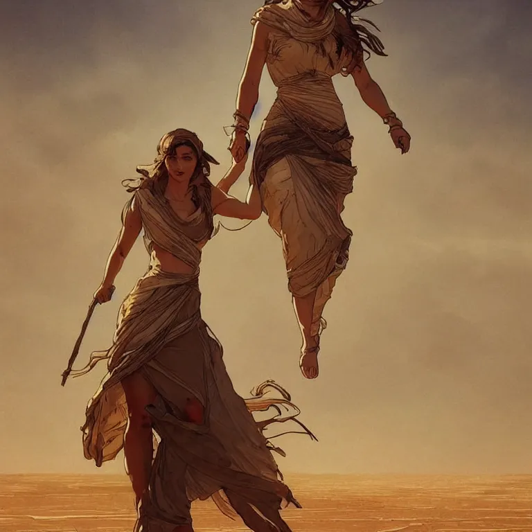 Image similar to A greek goddess trudging across a vast desert under an unrelenting sun. award winning. superb resolution. in the art style of greg rutkowski and alphonse mucha. Detailed post-apocalyptic wasteland in background. Hyper realistic. Perfect art.