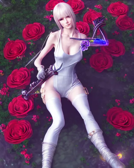 Image similar to an elegant lady in a full bodysuit surrounded by holographic swords in a garden full of roses, final fantasy, cushart krenz, cushart krenz, goddess, unreal engine, very detailed, realistic face, detailed face, matte, tonemapping, perfection, 4 k