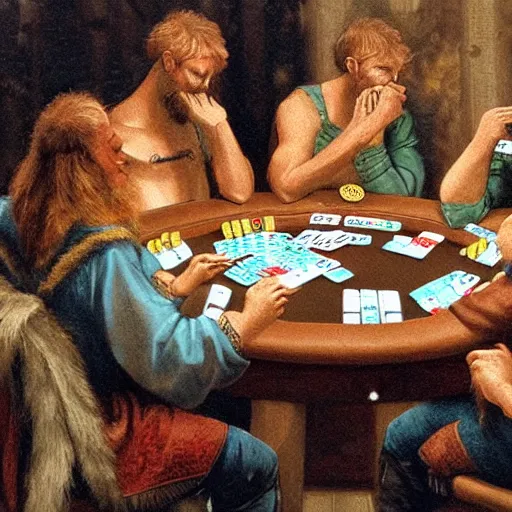 Prompt: Nordic Gods playing poker, detailed